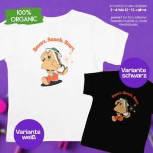 Bio T-Shirt Einschulung – Smart Snack Start Motiv – Farben Weiß und Schwarz