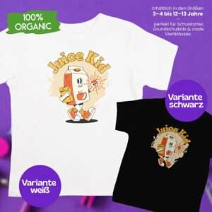 Bio T-Shirt Einschulung – Juice Kid Motiv – Farben Weiß und Schwarz