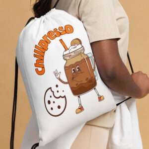 Kordelzugbeutel für Kinder und Jugendliche – Chillpresso Motiv – Schwarz mit Cold Brew Print