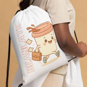 Kordelzugbeutel Kinder – Motiv Beanlate – Laufende Kaffeetasse mit Aktentasche – Cremefarben und Blau – AbbyHooves