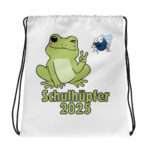 Fröhlicher Kordelzug-Beutel „Schulhüpfer 2025“ mit lachendem Frosch und Fliege, ideal für den Schulstart.2