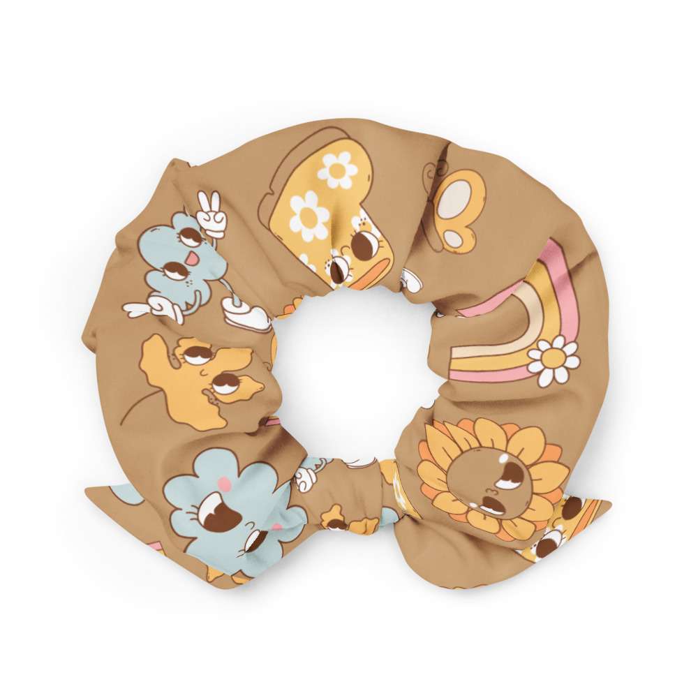 Recycelter Scrunchie mit Blumen- und Regenbogenmotiv – nachhaltig produziert von AbbyHooves