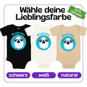 Bio-Babystrampler mit Schaf-Motiv „Wooly Cute“ in Weiß, Natural oder Schwarz – 100 % Baumwolle