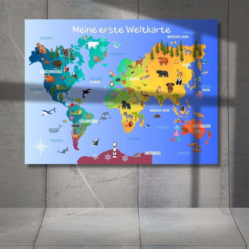 Kinderposter „Meine erste Weltkarte“ mit Tieren & Kontinenten – liebevoll illustriertes Lernposter in verschiedenen Größen für das Kinderzimmer