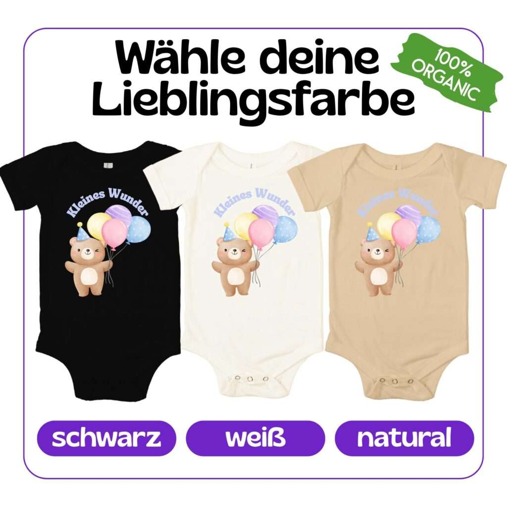 Bio-Babystrampler mit süßem Bären-Motiv und Luftballons in Pastellfarben
