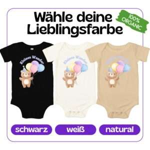 Bio-Babystrampler mit süßem Bären-Motiv und Luftballons in Pastellfarben
