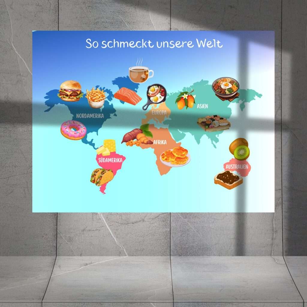 Buntes Kinderposter „So schmeckt unsere Welt“ mit typischen Speisen aus verschiedenen Kontinenten – Weltkarte zum Lernen & Staunen in 7 Größen