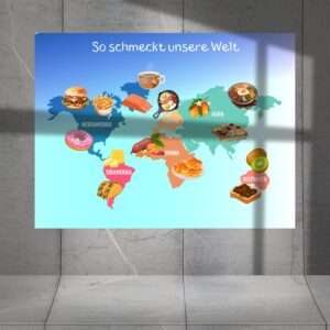 Buntes Kinderposter „So schmeckt unsere Welt“ mit typischen Speisen aus verschiedenen Kontinenten – Weltkarte zum Lernen & Staunen in 7 Größen