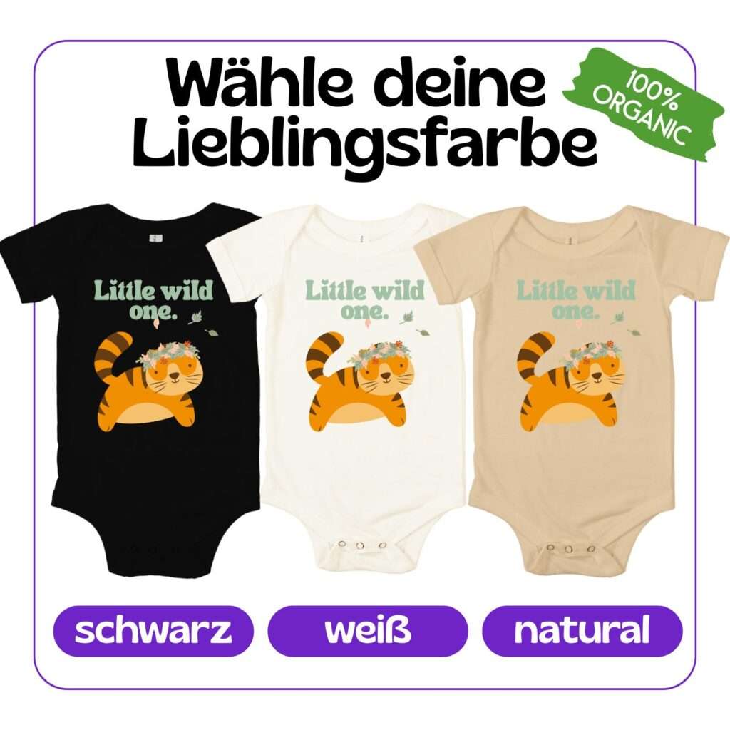 Illustration eines Tigerbabys mit floraler Krone und Schriftzug „Little Wild One“ auf Bio-Strampler