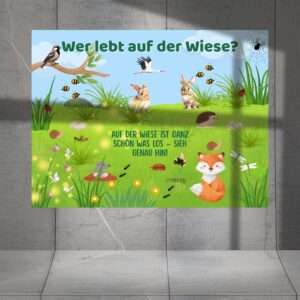 Bunt illustriertes Kinderposter „Wer lebt auf der Wiese?“ mit heimischen Tieren und Insekten – Lernposter über die Natur für Kinderzimmer & Kita