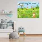 Bunt illustriertes Kinderposter „Wer lebt auf der Wiese?“ mit heimischen Tieren und Insekten – Lernposter über die Natur für Kinderzimmer & Kita2