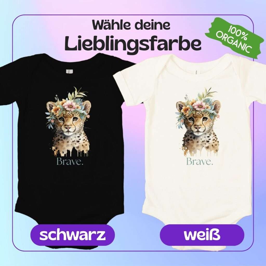 Bio-Baby-strampler mit Motiv Brave (Leopard mit Blumen), nachhaltig aus zertifizierter Bio-Baumwolle