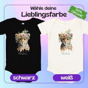 Bio-Baby-strampler mit Motiv Brave (Leopard mit Blumen), nachhaltig aus zertifizierter Bio-Baumwolle