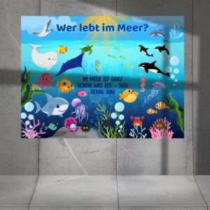 Farbenfrohes Kinderposter „Wer lebt im Meer?“ mit über 20 Meeresbewohnern – Lernposter über die Unterwasserwelt in 7 Größen, kindgerecht illustriert