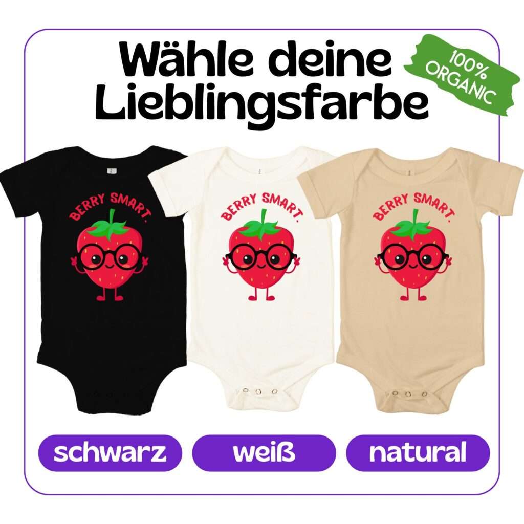 Babybody mit lustiger Erdbeere und schwarzer Brille – Motiv „Berry Smart“, Bio-Baumwolle