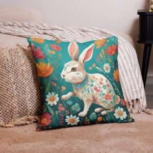 Zierkissenbezug mit Hasen-Illustration und floralen Elementen auf türkisfarbenem Hintergrund – AbbyHooves Design, erhältlich in 3 Größen5