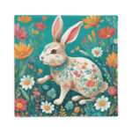 Zierkissenbezug mit Hasen-Illustration und floralen Elementen auf türkisfarbenem Hintergrund – AbbyHooves Design, erhältlich in 3 Größen4