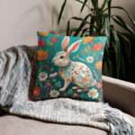 Zierkissenbezug mit Hasen-Illustration und floralen Elementen auf türkisfarbenem Hintergrund – AbbyHooves Design, erhältlich in 3 Größen2